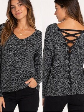 Cupcake Black and White heathered V-Neck Sweater with Lace-Up Back